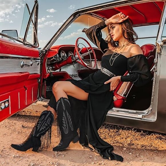 Women Fringe Knee High Cowgirl Western Boots with Classic Embroidery Pointed Toe - Picture 3 of 5